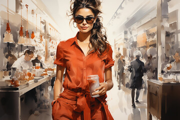 watercolor painting of beautiful woman shopping with a fashion modern style.