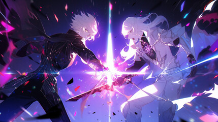 epic fight between anime men, eyes glowing with neon colors carrying swords, psychedelic background