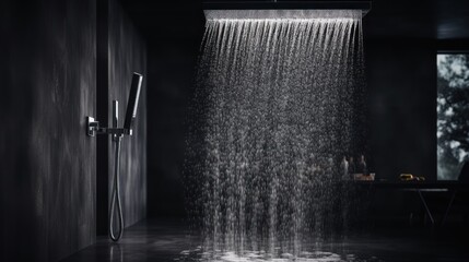 Photograph of water flowing from a shower head in a bathroom with a dark black background. Scandinavian and modern interior design