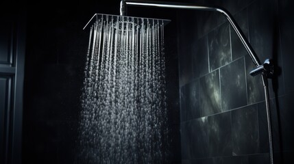 Photograph of water flowing from a shower head in a bathroom with a dark black background. Scandinavian and modern interior design - obrazy, fototapety, plakaty