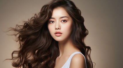 Naklejka premium Beautiful Asian woman with long curly hair, Korean makeup, touching face, and perfect skin on an isolated beige background. Facial treatment beauty enhancement plastic surgery