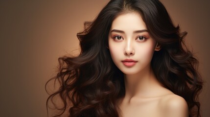Beautiful Asian woman with long curly hair, Korean makeup, touching face, and perfect skin on an isolated beige background. Facial treatment beauty enhancement plastic surgery
