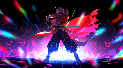 epic fight between anime men, eyes glowing with neon colors carrying swords, psychedelic background - obrazy, fototapety, plakaty