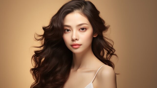 Beautiful Asian woman with long curly hair, Korean makeup, touching face, and perfect skin on an isolated beige background. Facial treatment beauty enhancement plastic surgery