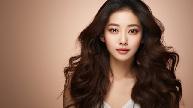  Asian woman with long curly hair, Korean makeup, touching face, and perfect skin on an isolated beige background. Facial treatment beauty enhancement plastic surgery