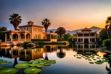 Fototapeta na wymiar an image that captures the serenity of a desert evening, with a desert mansion overlooking a peaceful oasis filled with lotus flowers and water lilies