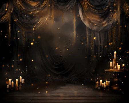 dark backdrop with curtains and candles for party generated by ai