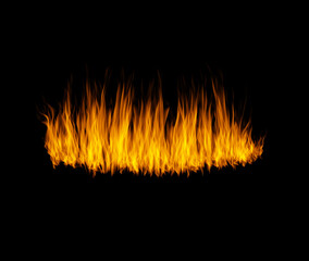 Orange flame, heat or light on black background with texture, pattern and burning energy. Fire line, fuel and flare isolated on dark wallpaper design or explosion at bonfire, thermal power or inferno