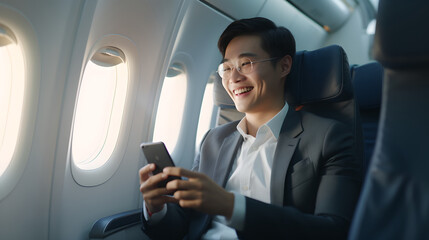 Portrait young asian businessman with suit sitting in business first class seat inside airplane near the window and smiling looking at his smartphone - obrazy, fototapety, plakaty