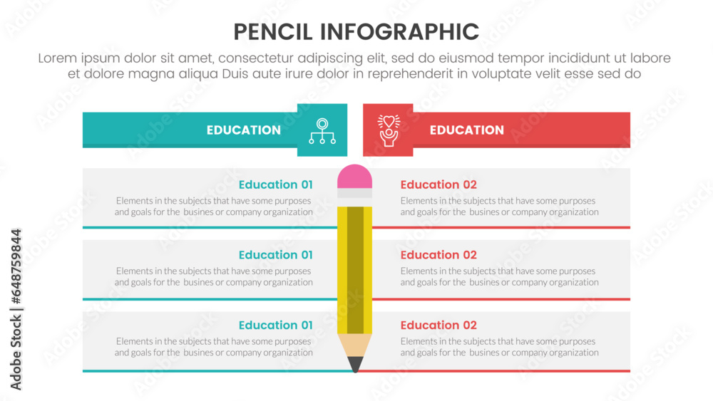 Poster pencil education infographic 3 point stage template with data vs compare two box table for slide pre