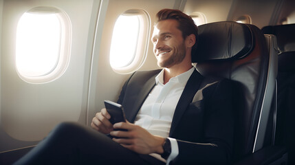 Portrait young businessman with suit sitting in business first class seat inside airplane near the window and smiling looking at his smartphone