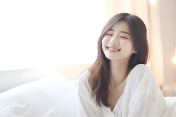 Portrait of young Asian woman wake up in the morning, smiling pretty woman wakes up in her bed, feeling happy and fresh - obrazy, fototapety, plakaty