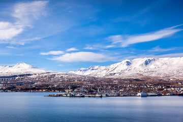 The town of Akureyri, on the banks of the fiord Eyjafjordur, in North Iceland, in spring.