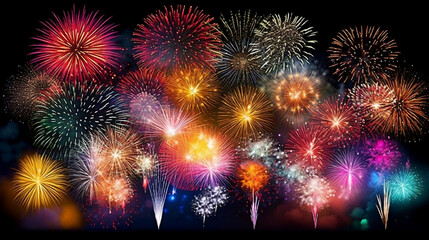 Colorful fireworks on dark sky, celebration and happy new year concept abstract background illustration.