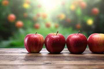 Fresh red apples on wooden table and blurred apple farm on the background, mockup product display wooden board.