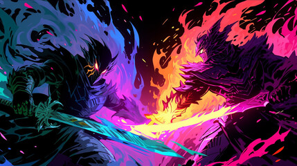 epic fight between anime men, eyes glowing with neon colors carrying swords, psychedelic background