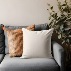Blank plain white square throw Pillow Mockup on sofa in living room Background, Product photography, potted plants, minimalistic