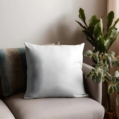 Blank plain white square throw Pillow Mockup on sofa in living room Background, Product photography, potted plants, minimalistic