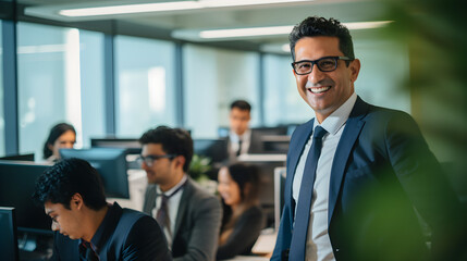 A smile of an Asian Indian businessman in his stylish office, surrounded by his co workers, symbolizing leadership