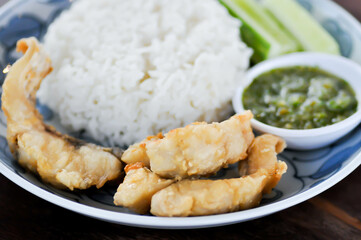 fried fish with rice and dip or fried Snapper,.Red Snapper or .White Snapper