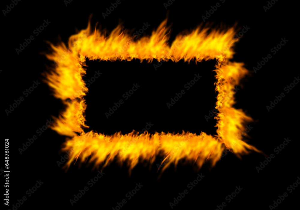 Poster rectangle, flame and heat on black background with color, texture and pattern of burning energy. fir