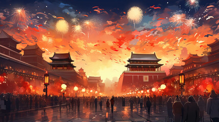 China National Day ancient building background,created with generative ai tecnology. - obrazy, fototapety, plakaty