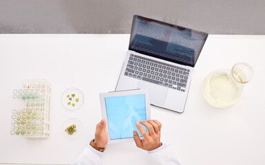 Scientist hands, tablet screen and space, person in lab with leaves in petri dish and laptop, research info for science. Top view, environment study and test tube with digital mockup and agriculture