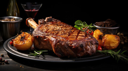 Grilled Tomahawk steak with juice and seasoning, black background,