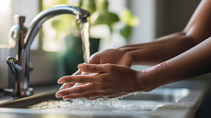Close up of a black African American woman washing her hands with soap and antibacterial foam to prevent infection