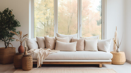 Home interior - Beige fabric sofa against window