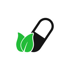 Herbal Medicine Icon. With Pill and Green Leaves Symbols. Editable Flat Vector Illustration.