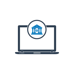 Online Banking Icon. With Bank and Laptop Symbols. Editable Flat Vector Illustration.