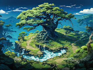 Fantasy Valley: The Ancient Oak Overlooking the Green Expanse
