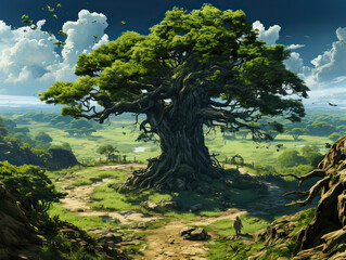 Obraz premium Fantasy Valley: The Ancient Oak Overlooking the Green Expanse