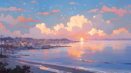 Küchenrückwand glas motiv Beautiful sunset on the beach. Sunset blue sky over the sea. Illustration © wing