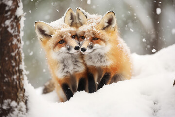 Two fox cubs are playing in the snow