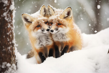 Two fox cubs are playing in the snow - Powered by Adobe