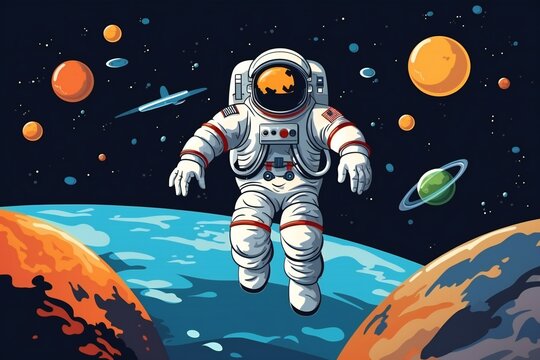 Space card background with spaceman, earth, planets, sun, stars. Austronaut panoramic space template. Banner cartoon flat style