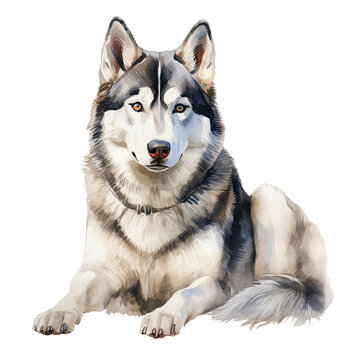 Lying Siberian Husky dog watercolor clipart on transparent background. Generative AI illustration