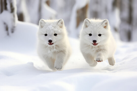 Two fox cubs are playing in the snow