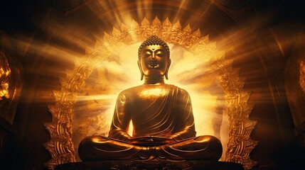 Golden Buddha statue with splashes of light , Buddha statue used as amulets of Buddhism religion