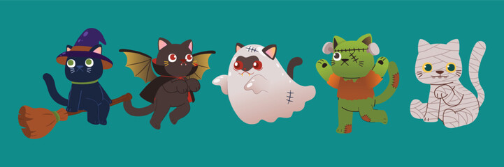  Funny Halloween Costumes for Cats, Spooky Night, Vector, Illustration