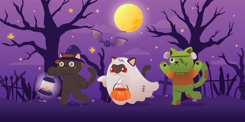 A spooky and festive scene of a black cat dressed in a Halloween costume walking through a haunted graveyard on a full moon night, Vector, Illustration