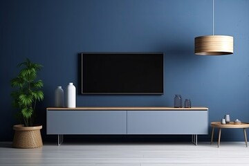 Modern interior of living room with cabinet for tv on dark blue wall background, Generative AI 