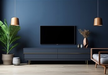 Modern interior of living room with cabinet for tv on dark blue wall background, Generative AI 