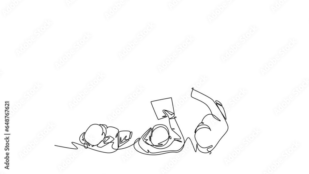 Poster animated self drawing of continuous line draw top view manager handshake his employee to congratulat