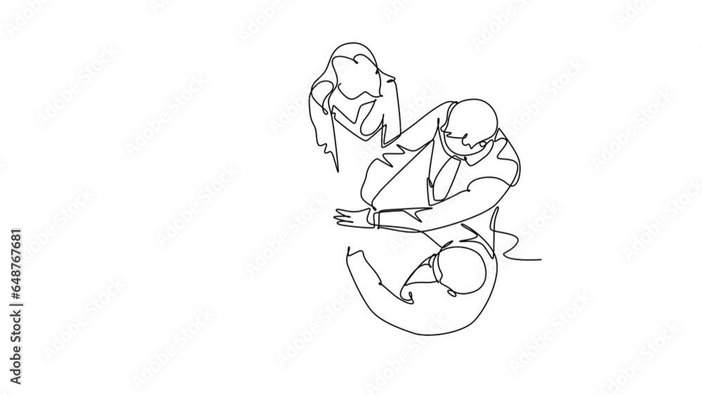 Poster self drawing animation of single line draw top view young business group holding hand together. busi