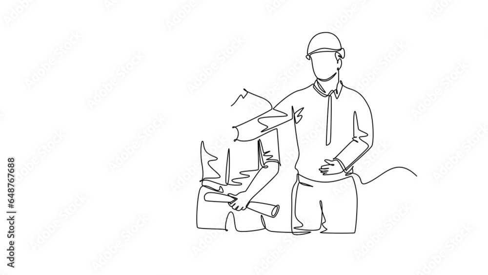 Aufkleber self drawing animation of single line draw builder and architect wearing construction vest and helme