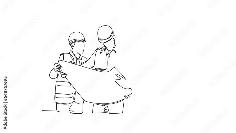 Aufkleber self drawing animation single line draw teamwork builder and architect wearing construction vest, he