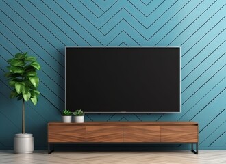 Smart Tv mockup hanging on herringbone blue wooden wall in modern interior, Generative AI 